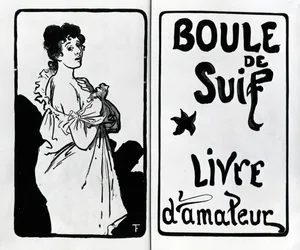 Frontispis a titulní strana pro „Boule de Suif“ od Guye de Maupassanta, dřevoryty od A. Romagnola, vydáno 1897